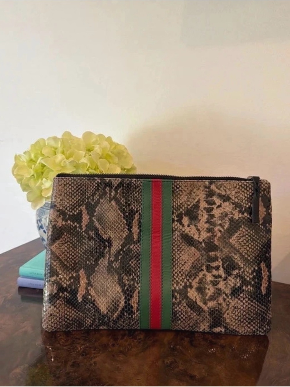 Snake-Print Wristlet Clutch with Green and Red Center Stripe